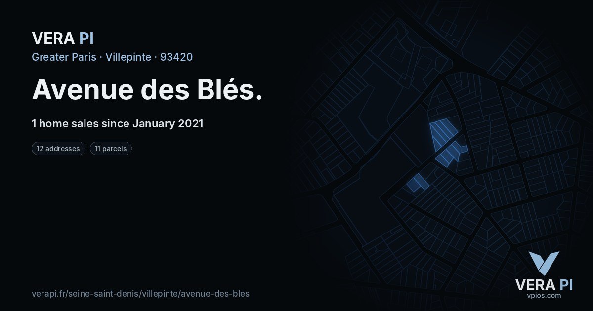 Avenue des Blés, Villepinte at night – every parcel coloured by the prices around it, the street's own parcels lit
