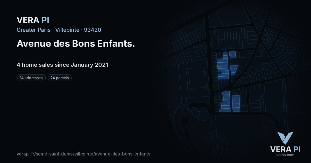 Avenue des Bons Enfants, Villepinte at night – every parcel coloured by the prices around it, the street's own parcels lit