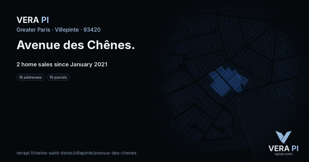 Avenue des Chênes, Villepinte at night – every parcel coloured by the prices around it, the street's own parcels lit