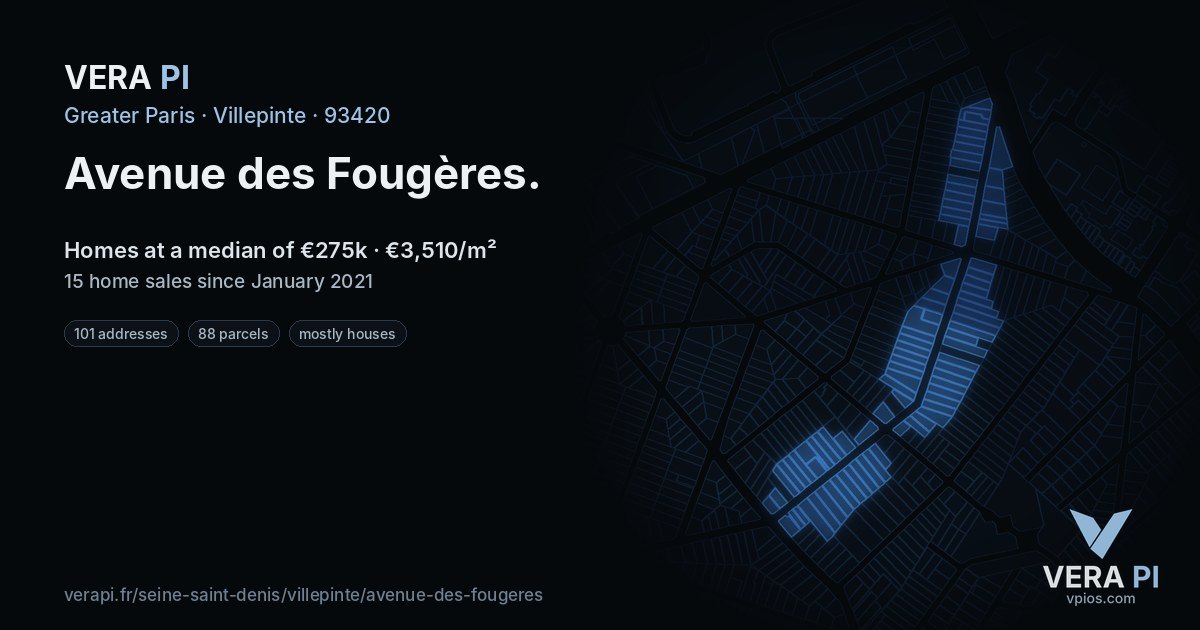 Avenue des Fougères, Villepinte at night – every parcel coloured by the prices around it, the street's own parcels lit