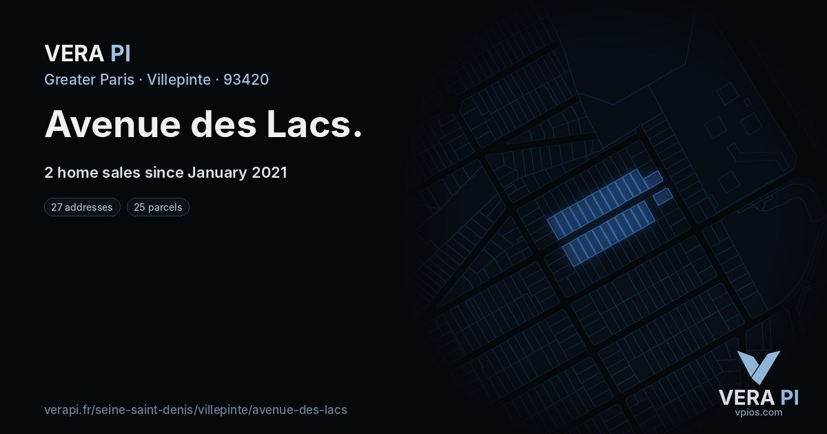 Avenue des Lacs, Villepinte at night – every parcel coloured by the prices around it, the street's own parcels lit
