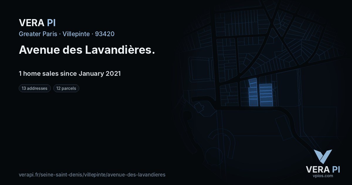 Avenue des Lavandières, Villepinte at night – every parcel coloured by the prices around it, the street's own parcels lit