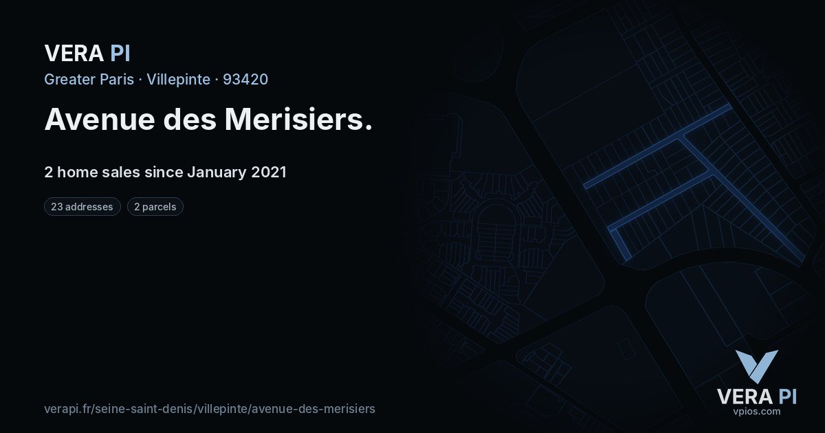 Avenue des Merisiers, Villepinte at night – every parcel coloured by the prices around it, the street's own parcels lit