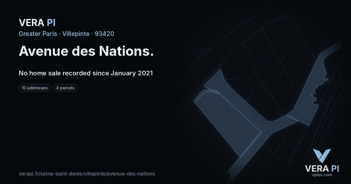 Avenue des Nations, Villepinte at night – every parcel coloured by the prices around it, the street's own parcels lit