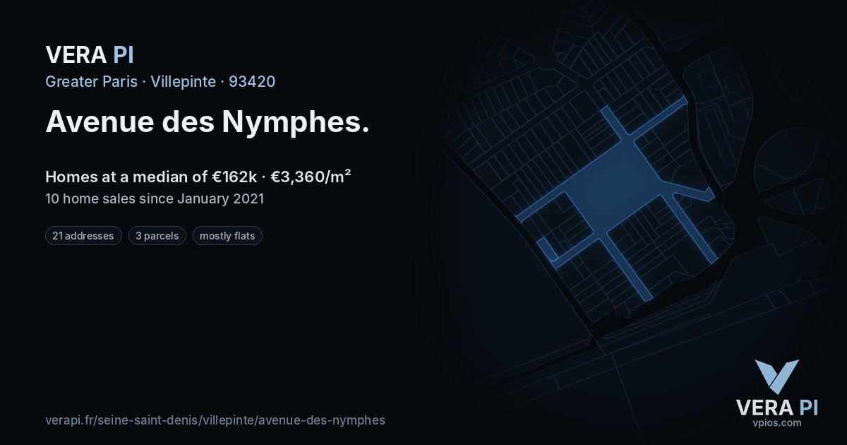 Avenue des Nymphes, Villepinte at night – every parcel coloured by the prices around it, the street's own parcels lit