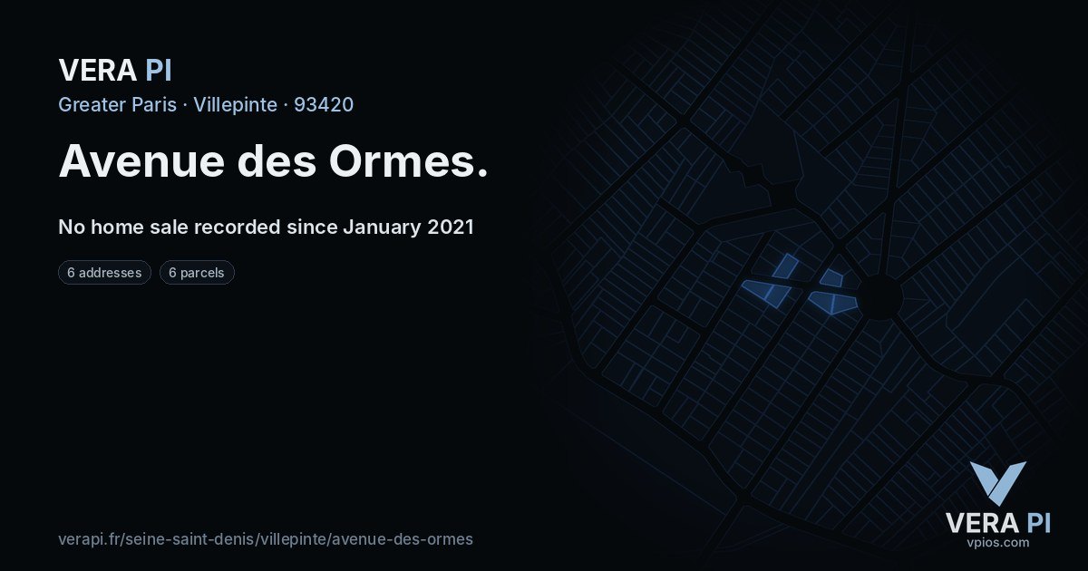 Avenue des Ormes, Villepinte at night – every parcel coloured by the prices around it, the street's own parcels lit