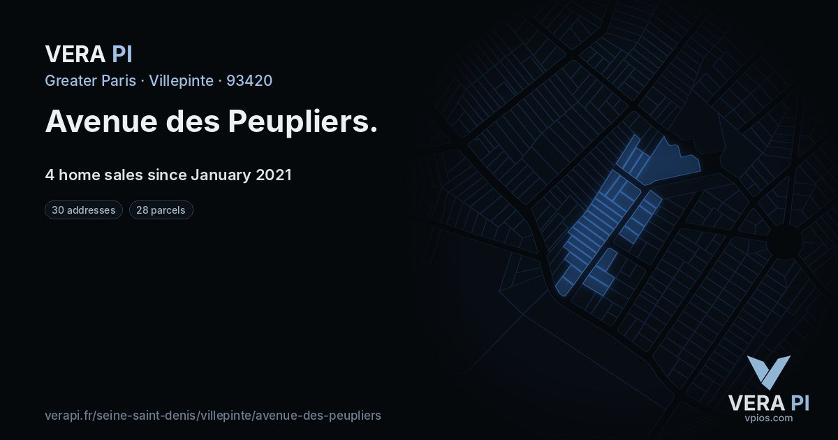 Avenue des Peupliers, Villepinte at night – every parcel coloured by the prices around it, the street's own parcels lit