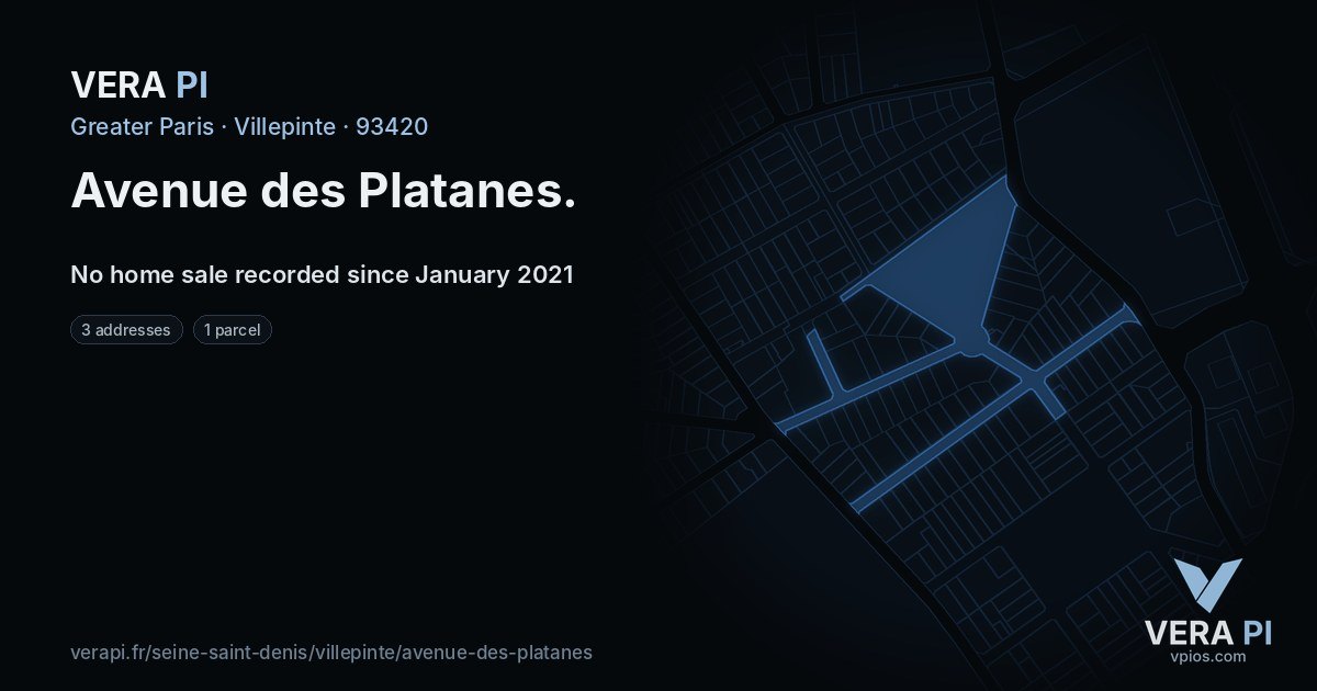 Avenue des Platanes, Villepinte at night – every parcel coloured by the prices around it, the street's own parcels lit