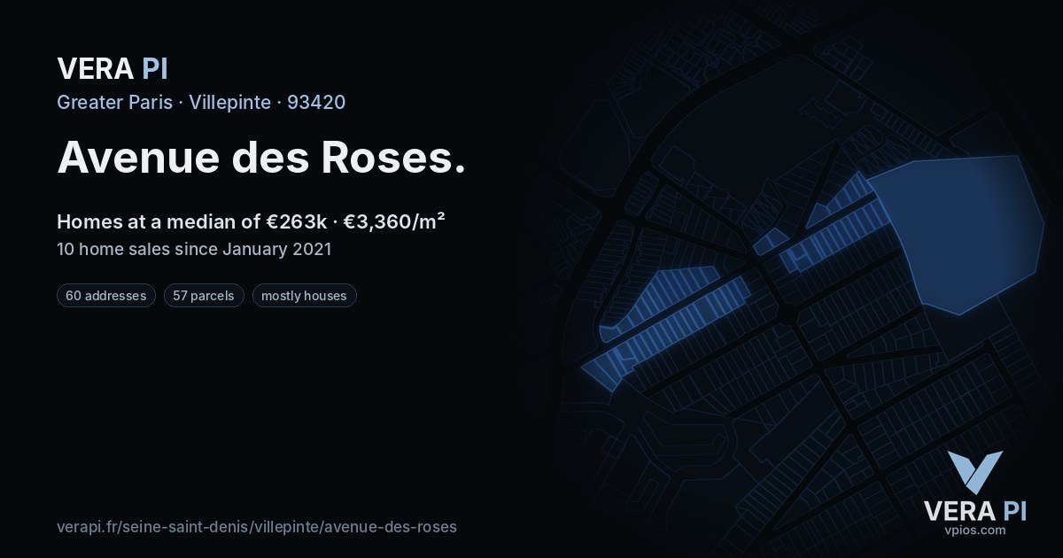Avenue des Roses, Villepinte at night – every parcel coloured by the prices around it, the street's own parcels lit