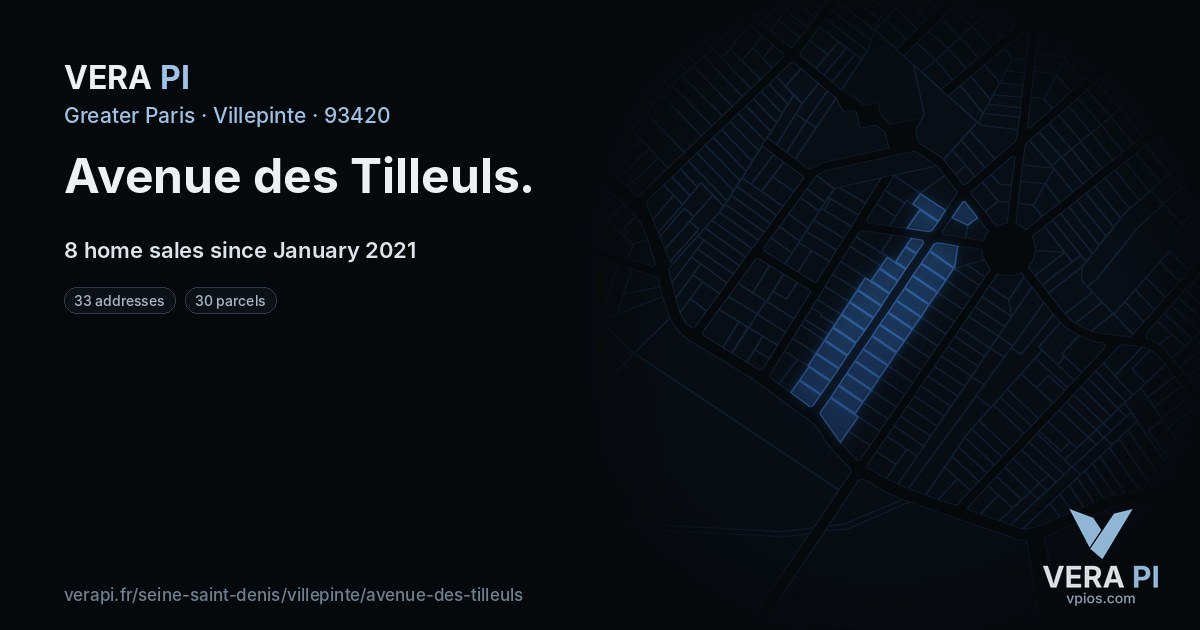 Avenue des Tilleuls, Villepinte at night – every parcel coloured by the prices around it, the street's own parcels lit
