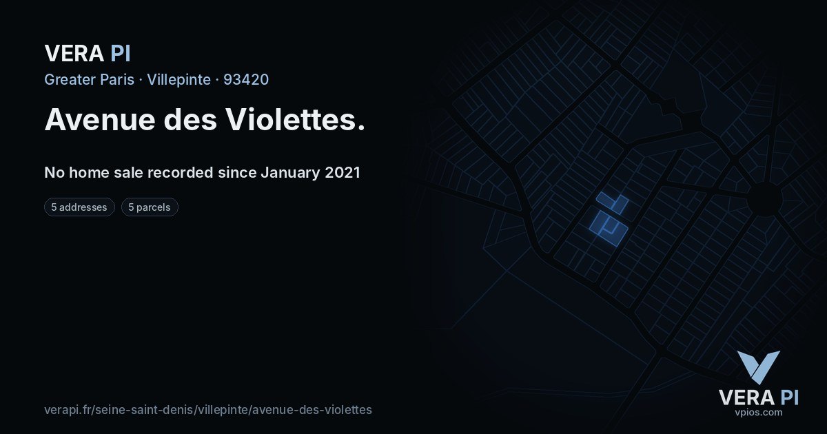 Avenue des Violettes, Villepinte at night – every parcel coloured by the prices around it, the street's own parcels lit