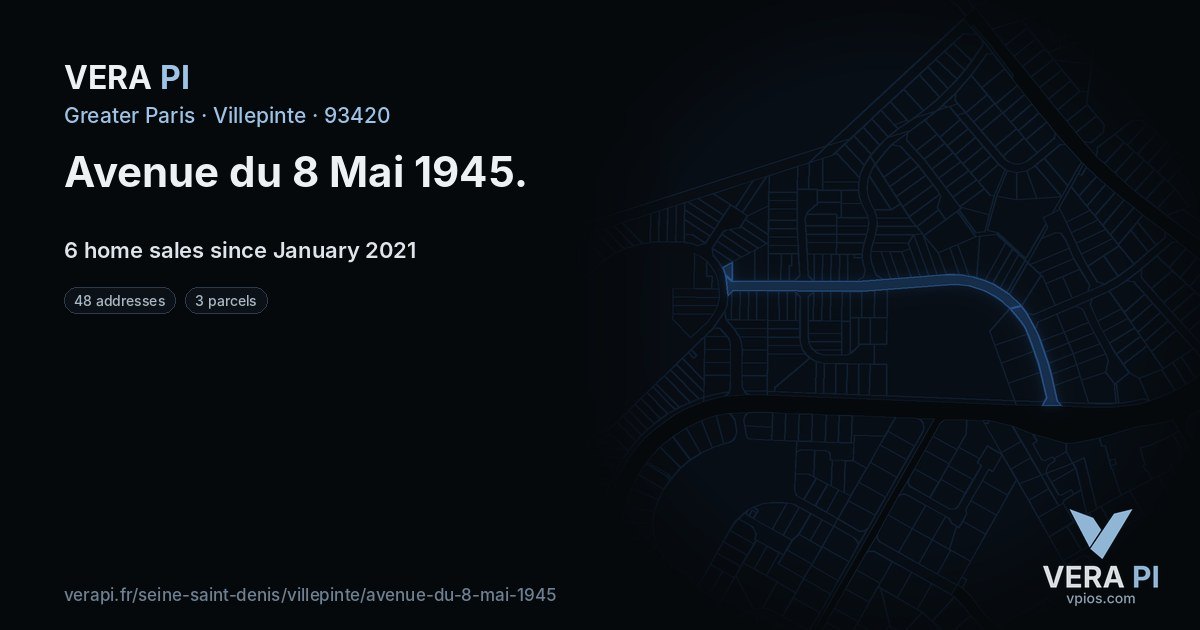 Avenue du 8 Mai 1945, Villepinte at night – every parcel coloured by the prices around it, the street's own parcels lit