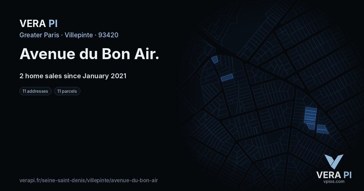 Avenue du Bon Air, Villepinte at night – every parcel coloured by the prices around it, the street's own parcels lit