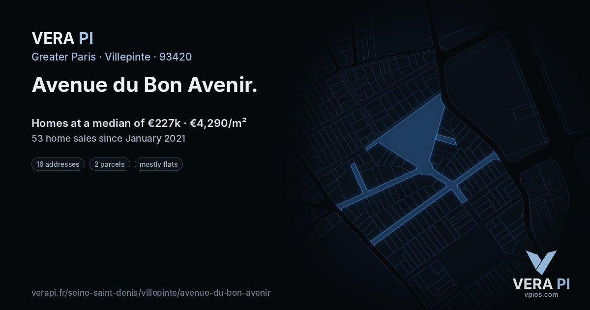 Avenue du Bon Avenir, Villepinte at night – every parcel coloured by the prices around it, the street's own parcels lit