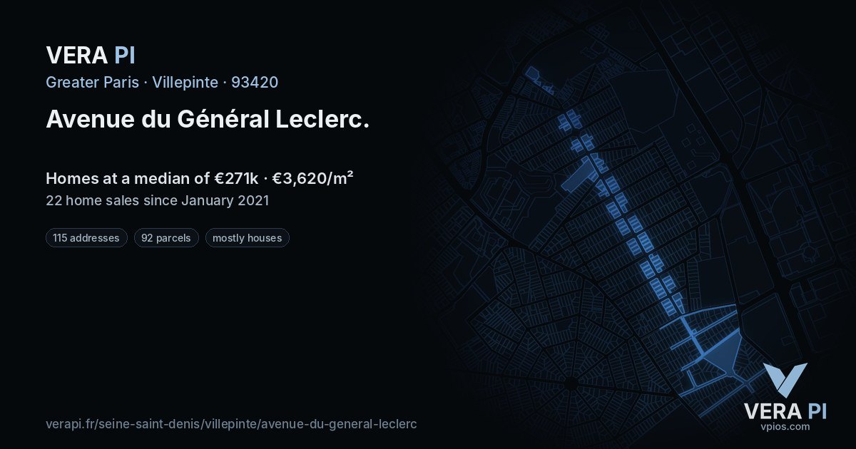 Avenue du Général Leclerc, Villepinte at night – every parcel coloured by the prices around it, the street's own parcels lit