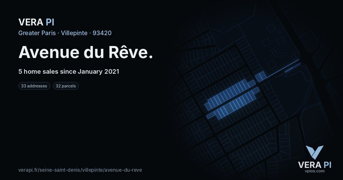 Avenue du Rêve, Villepinte at night – every parcel coloured by the prices around it, the street's own parcels lit