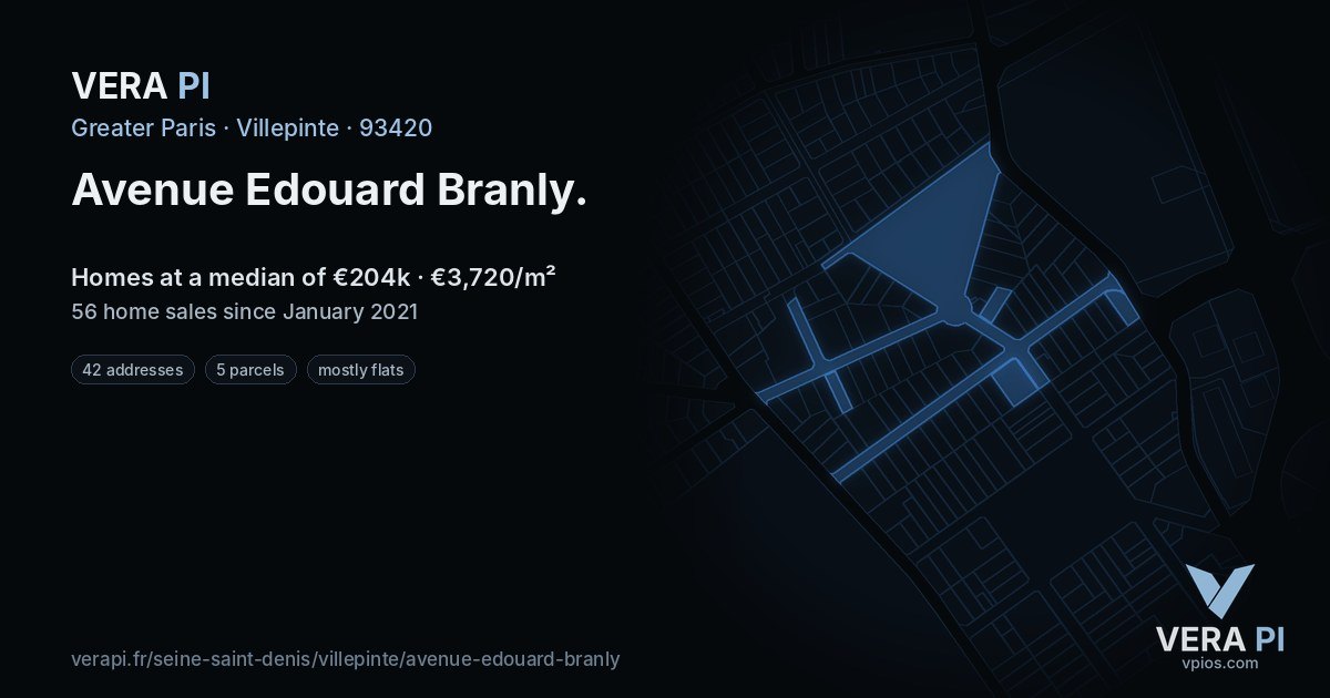 Avenue Edouard Branly, Villepinte at night – every parcel coloured by the prices around it, the street's own parcels lit