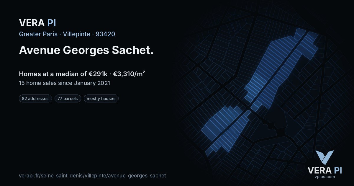 Avenue Georges Sachet, Villepinte at night – every parcel coloured by the prices around it, the street's own parcels lit