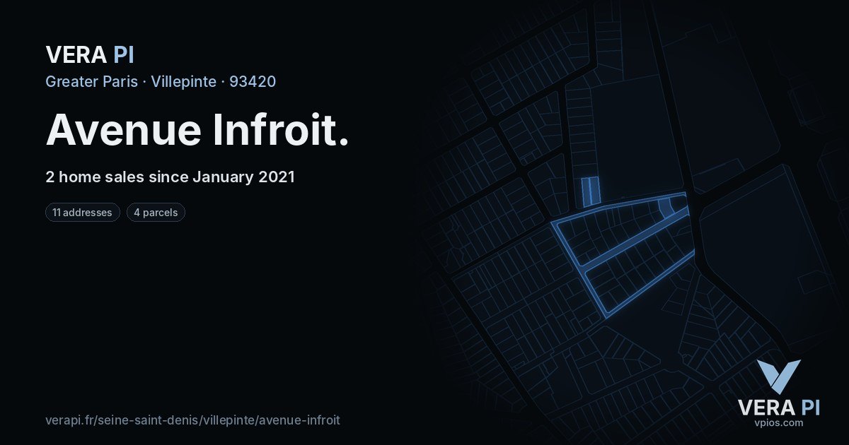 Avenue Infroit, Villepinte at night – every parcel coloured by the prices around it, the street's own parcels lit