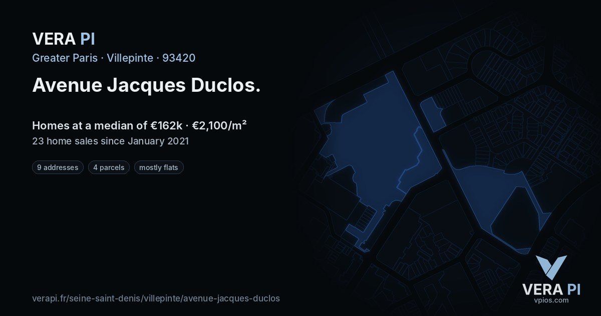 Avenue Jacques Duclos, Villepinte at night – every parcel coloured by the prices around it, the street's own parcels lit