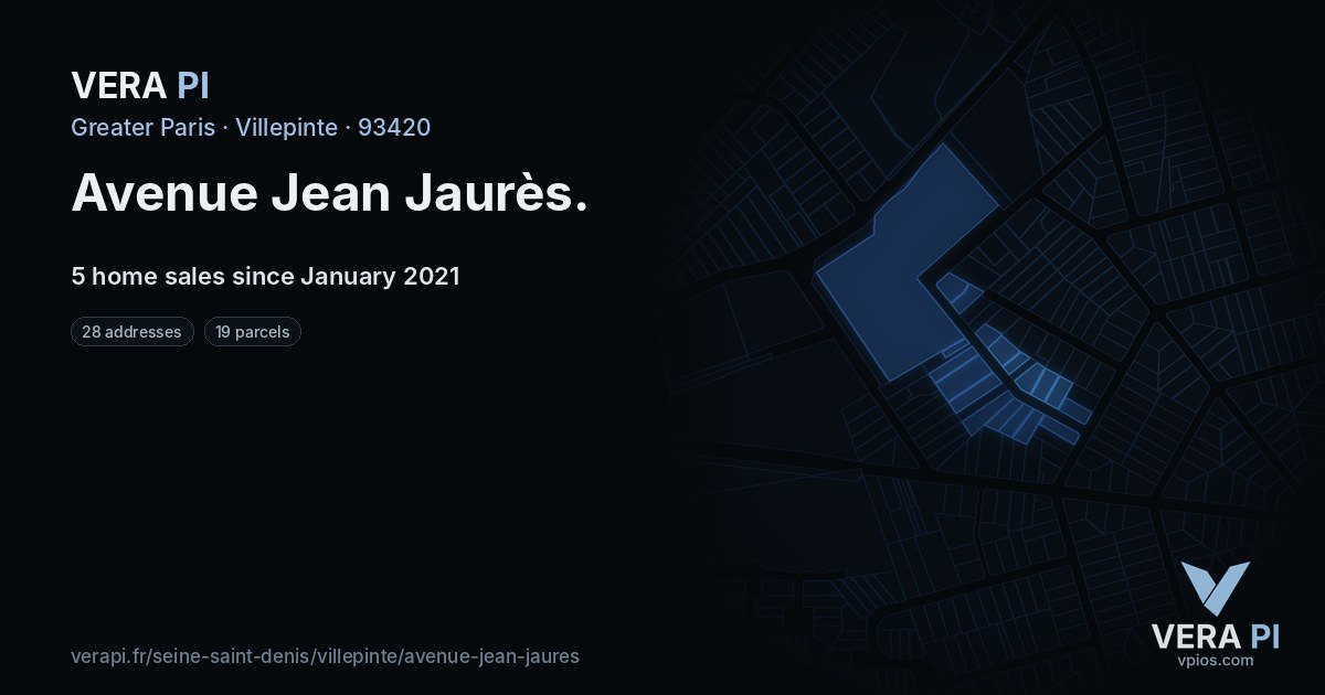 Avenue Jean Jaurès, Villepinte at night – every parcel coloured by the prices around it, the street's own parcels lit