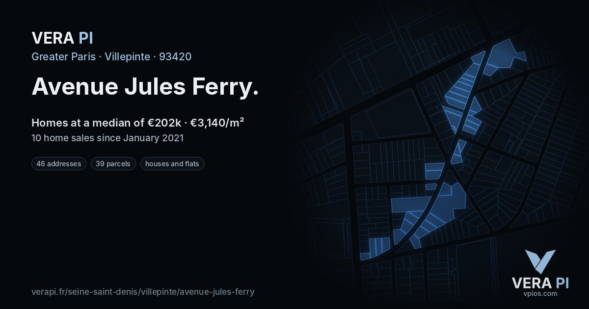 Avenue Jules Ferry, Villepinte at night – every parcel coloured by the prices around it, the street's own parcels lit