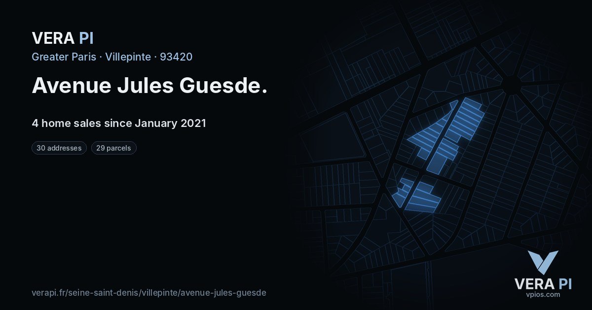 Avenue Jules Guesde, Villepinte at night – every parcel coloured by the prices around it, the street's own parcels lit