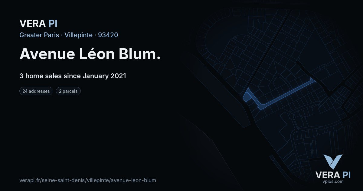 Avenue Léon Blum, Villepinte at night – every parcel coloured by the prices around it, the street's own parcels lit