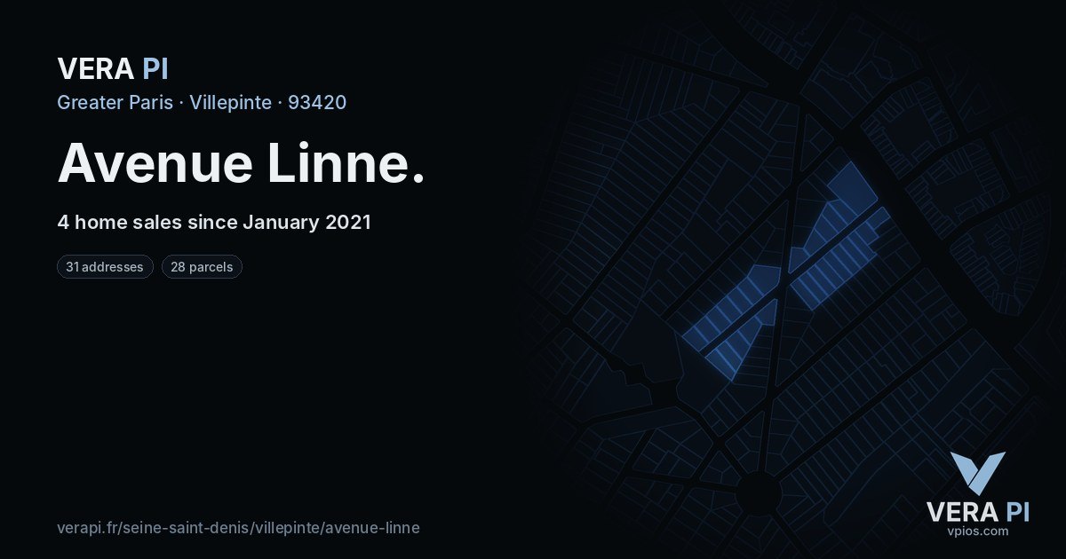 Avenue Linne, Villepinte at night – every parcel coloured by the prices around it, the street's own parcels lit