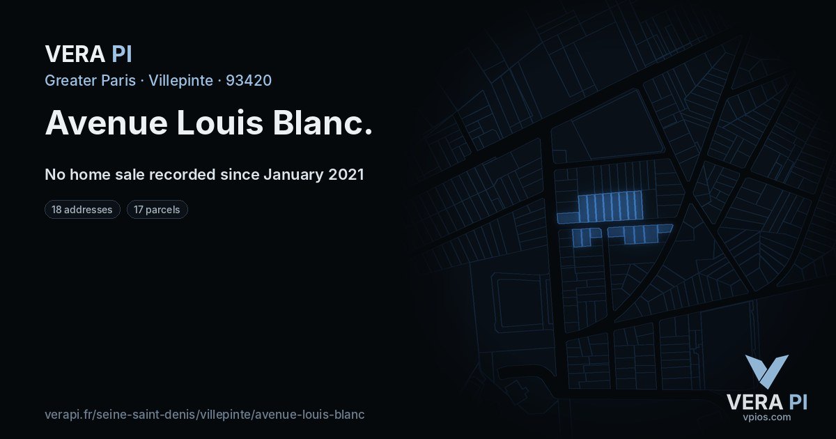 Avenue Louis Blanc, Villepinte at night – every parcel coloured by the prices around it, the street's own parcels lit