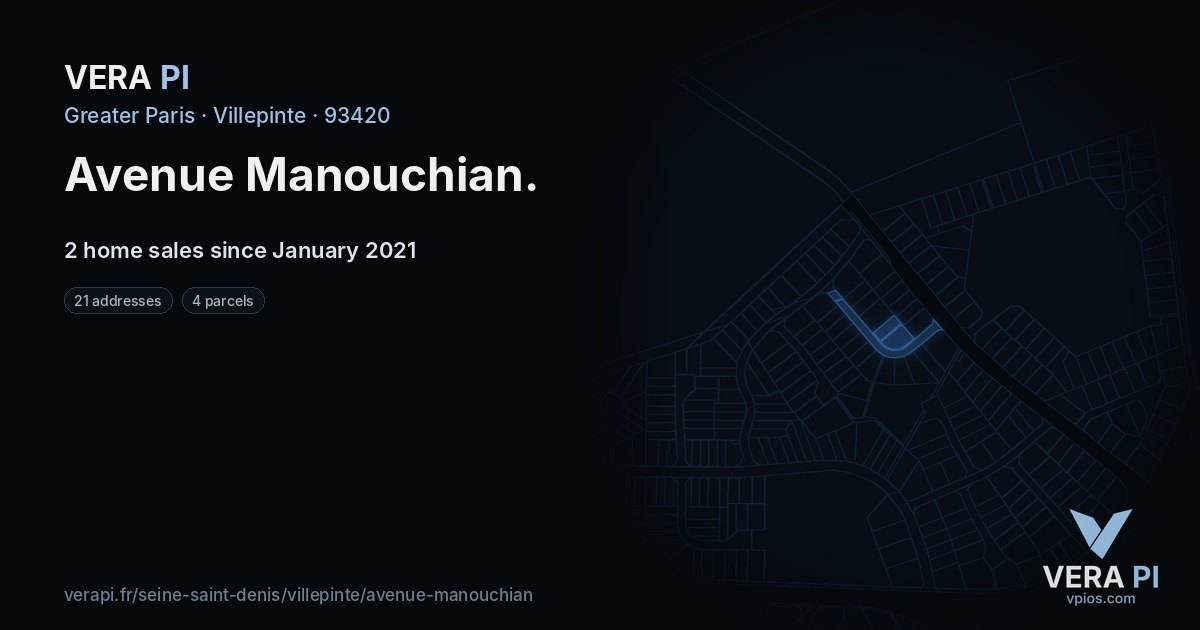 Avenue Manouchian, Villepinte at night – every parcel coloured by the prices around it, the street's own parcels lit