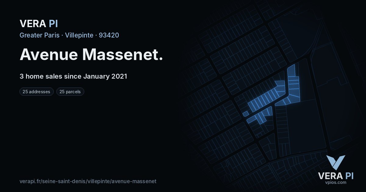 Avenue Massenet, Villepinte at night – every parcel coloured by the prices around it, the street's own parcels lit