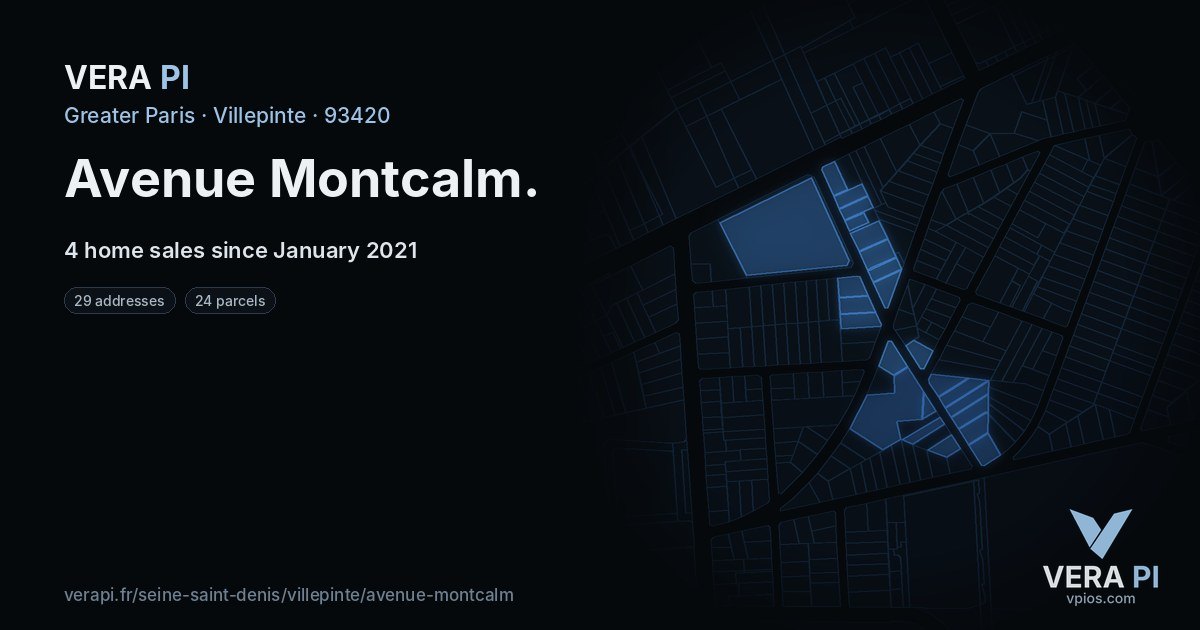 Avenue Montcalm, Villepinte at night – every parcel coloured by the prices around it, the street's own parcels lit