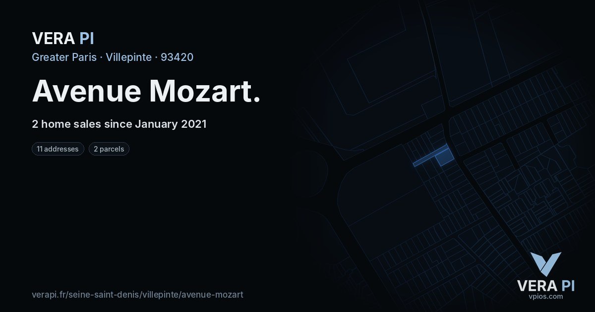 Avenue Mozart, Villepinte at night – every parcel coloured by the prices around it, the street's own parcels lit
