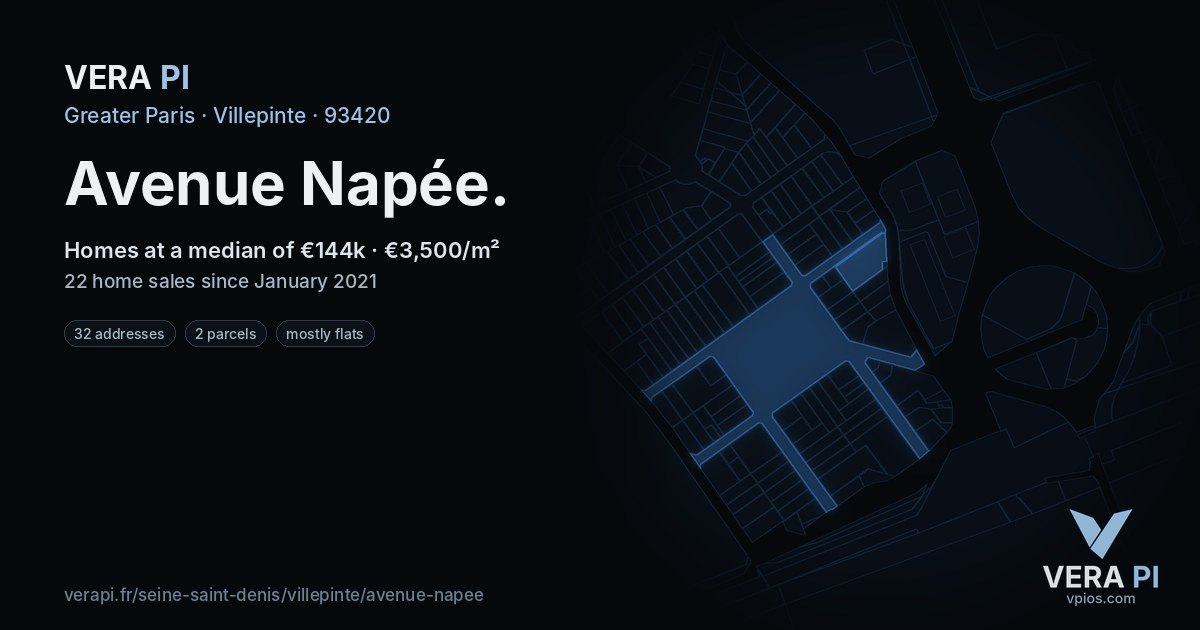 Avenue Napée, Villepinte at night – every parcel coloured by the prices around it, the street's own parcels lit