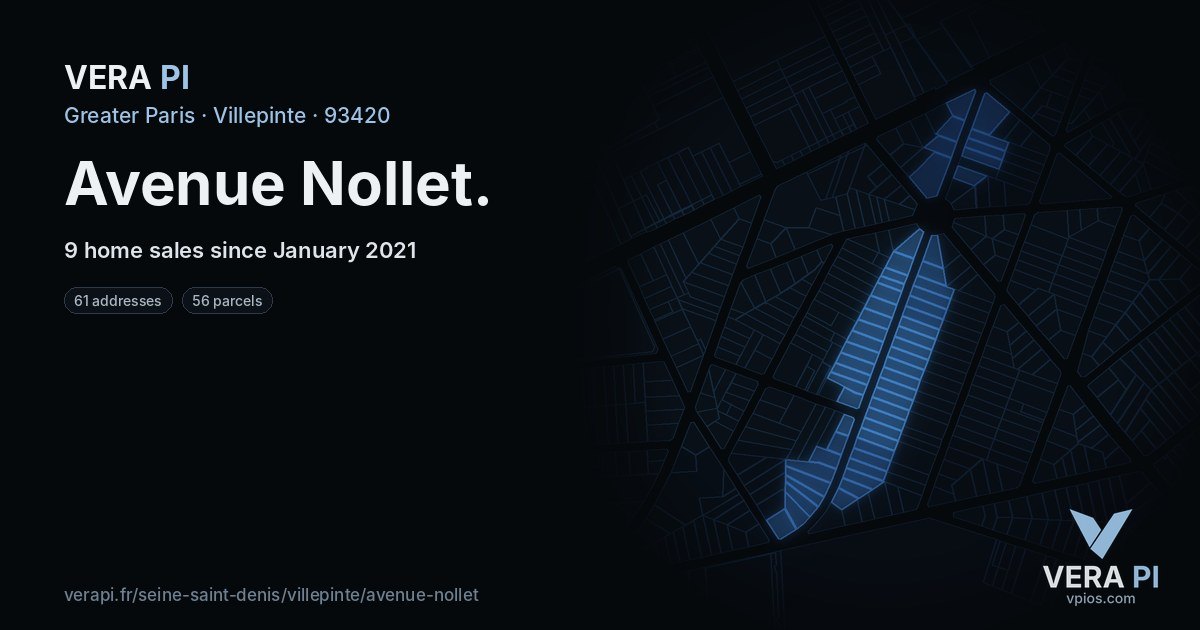 Avenue Nollet, Villepinte at night – every parcel coloured by the prices around it, the street's own parcels lit