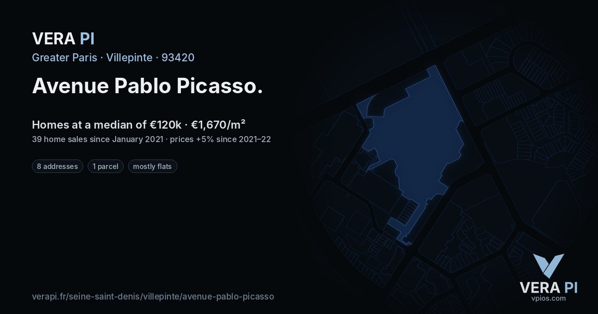 Avenue Pablo Picasso, Villepinte at night – every parcel coloured by the prices around it, the street's own parcels lit