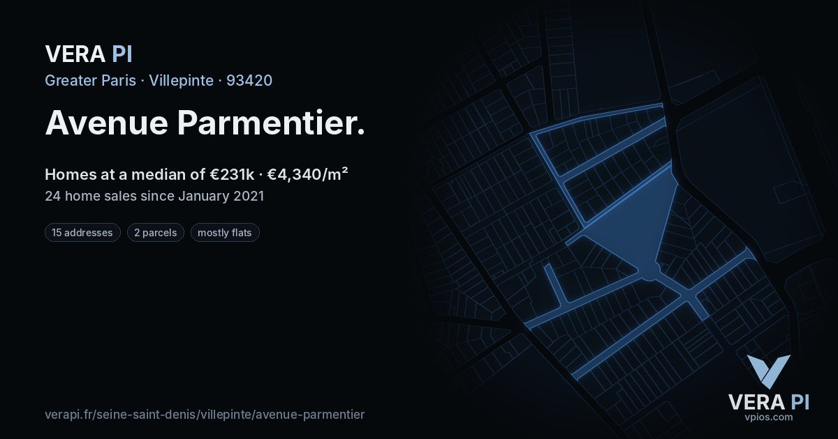Avenue Parmentier, Villepinte at night – every parcel coloured by the prices around it, the street's own parcels lit