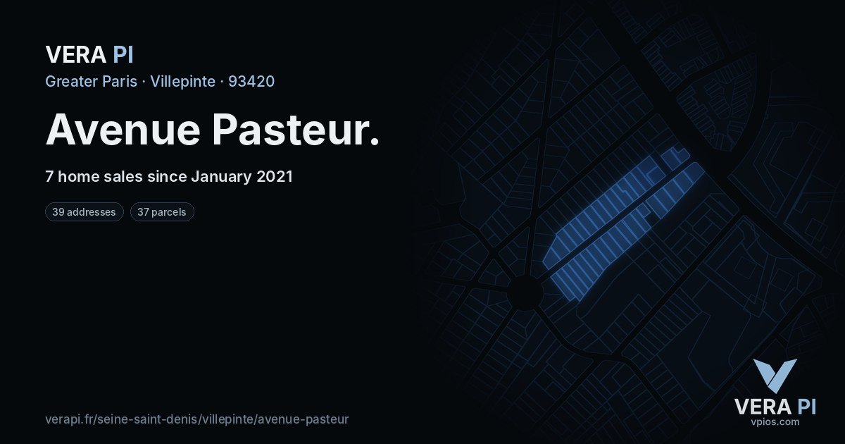 Avenue Pasteur, Villepinte at night – every parcel coloured by the prices around it, the street's own parcels lit