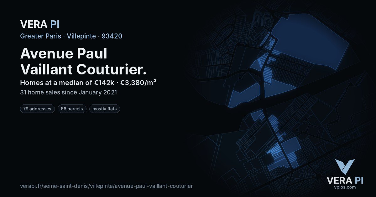 Avenue Paul Vaillant Couturier, Villepinte at night – every parcel coloured by the prices around it, the street's own parcels lit