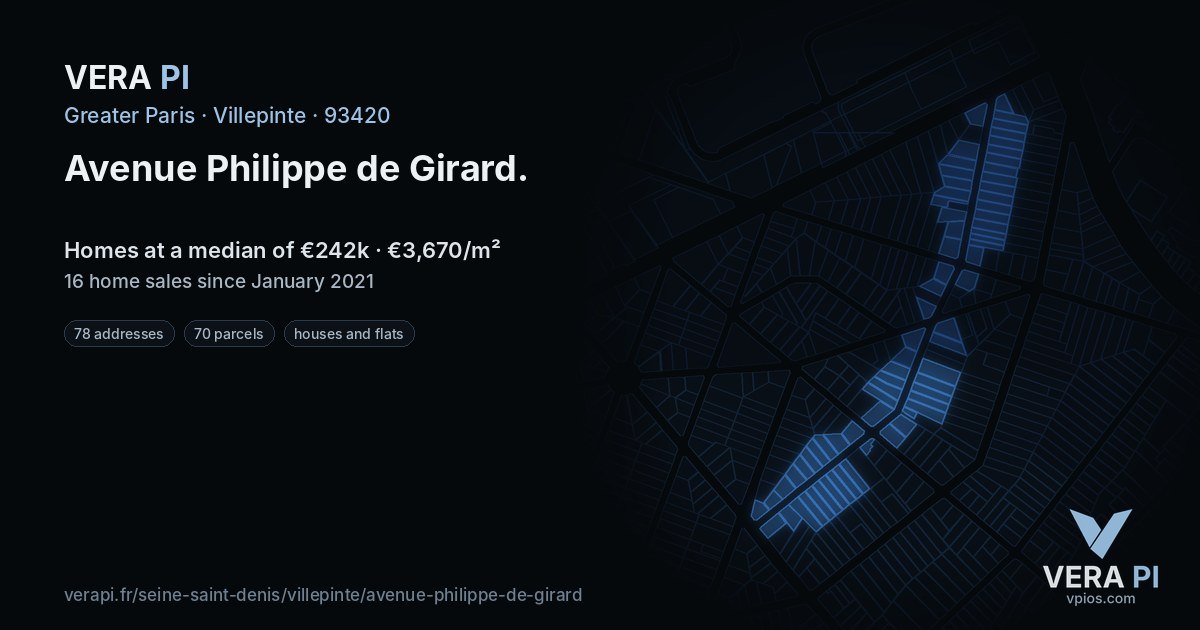 Avenue Philippe de Girard, Villepinte at night – every parcel coloured by the prices around it, the street's own parcels lit