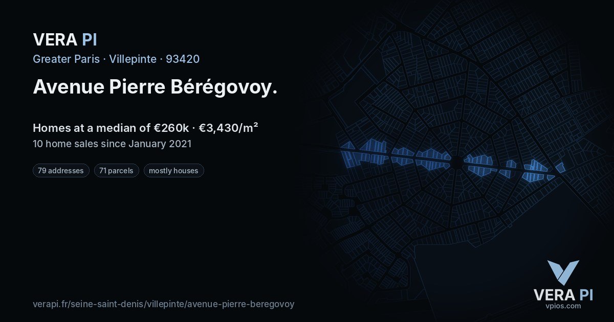 Avenue Pierre Bérégovoy, Villepinte at night – every parcel coloured by the prices around it, the street's own parcels lit