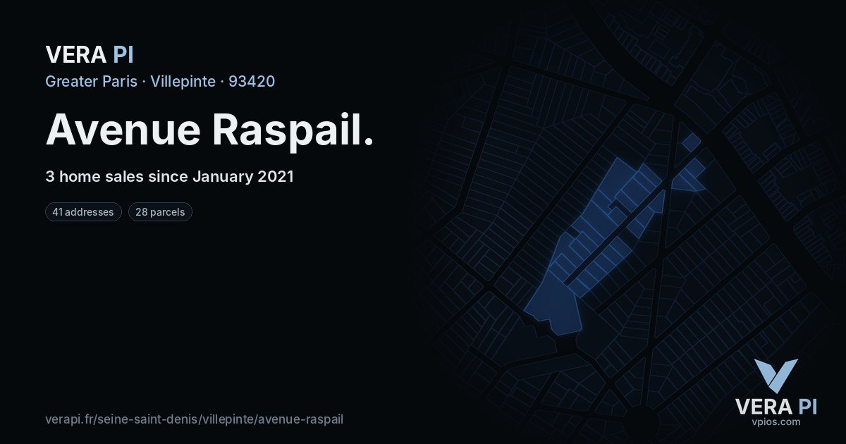 Avenue Raspail, Villepinte at night – every parcel coloured by the prices around it, the street's own parcels lit