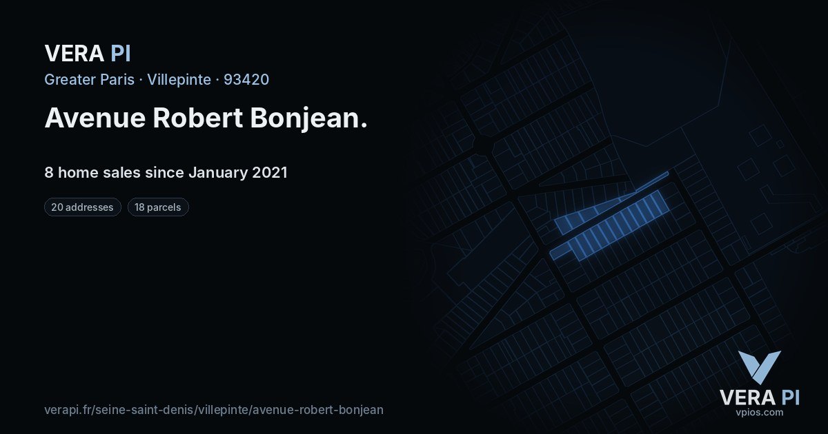 Avenue Robert Bonjean, Villepinte at night – every parcel coloured by the prices around it, the street's own parcels lit