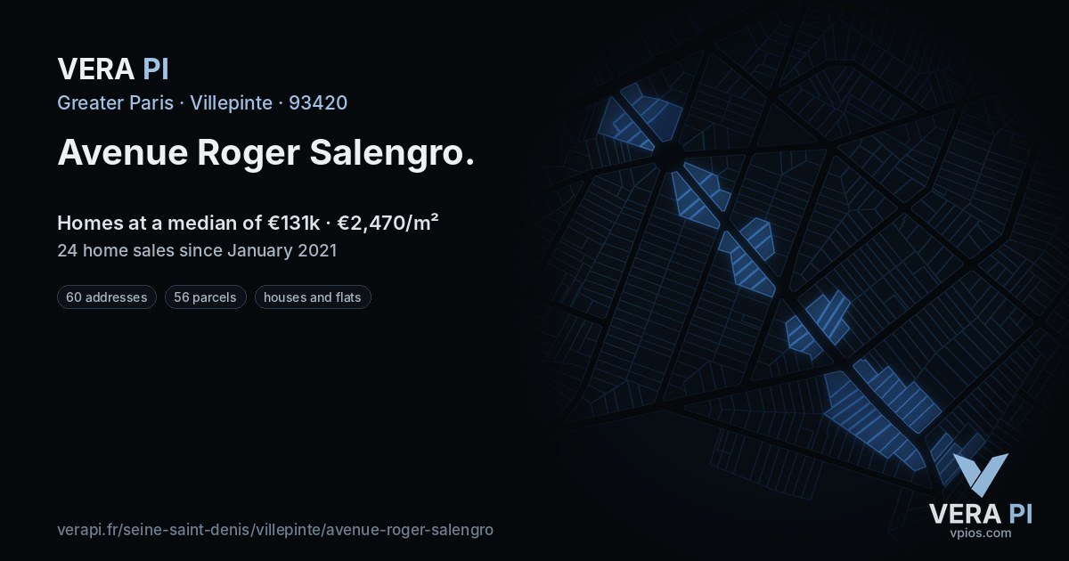 Avenue Roger Salengro, Villepinte at night – every parcel coloured by the prices around it, the street's own parcels lit