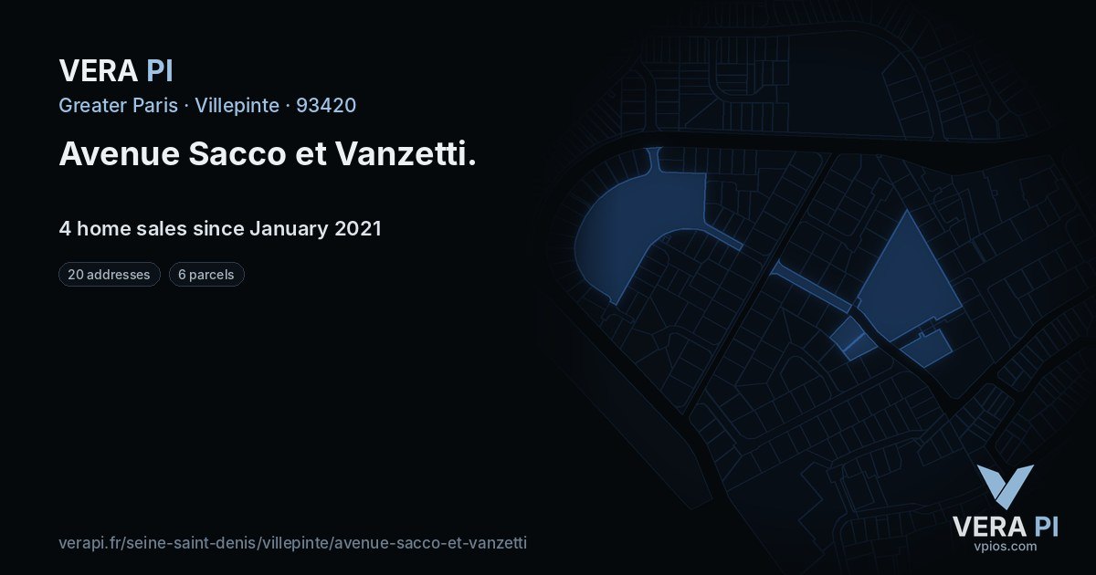 Avenue Sacco et Vanzetti, Villepinte at night – every parcel coloured by the prices around it, the street's own parcels lit