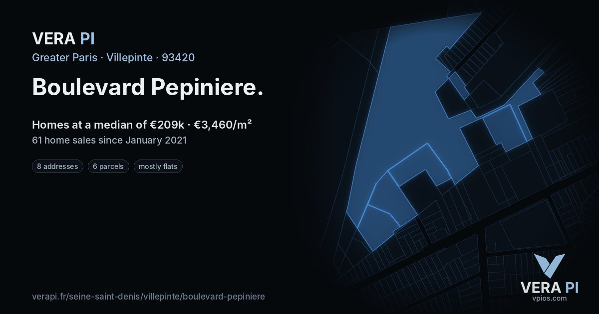 Boulevard Pepiniere, Villepinte at night – every parcel coloured by the prices around it, the street's own parcels lit