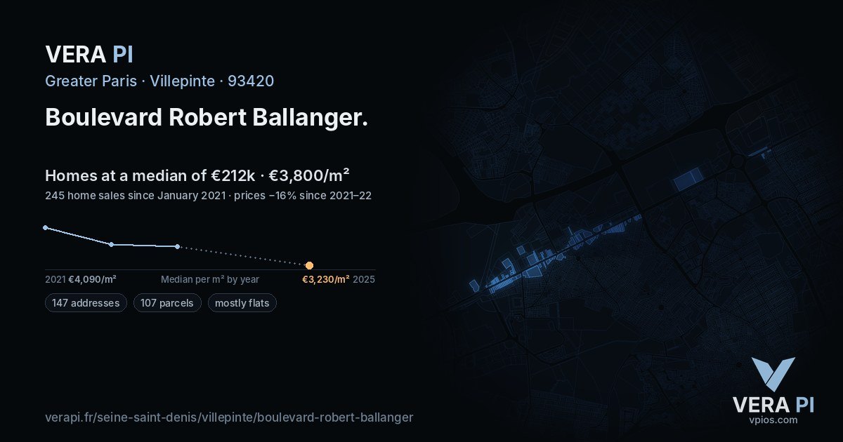 Boulevard Robert Ballanger, Villepinte at night – every parcel coloured by the prices around it, the street's own parcels lit