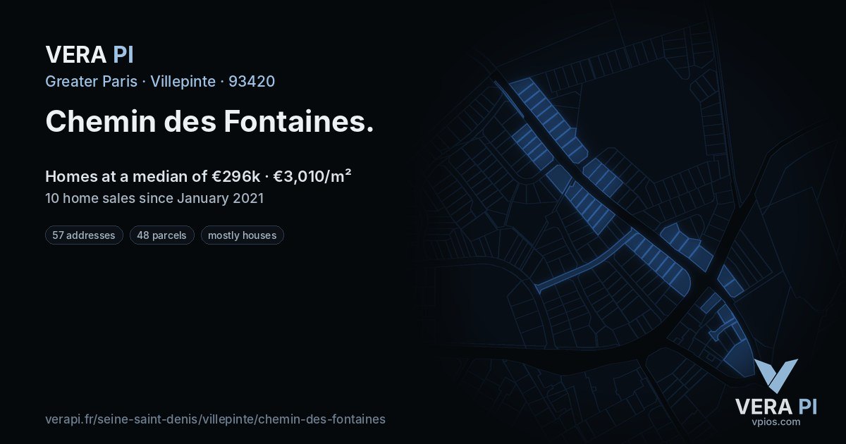 Chemin des Fontaines, Villepinte at night – every parcel coloured by the prices around it, the street's own parcels lit