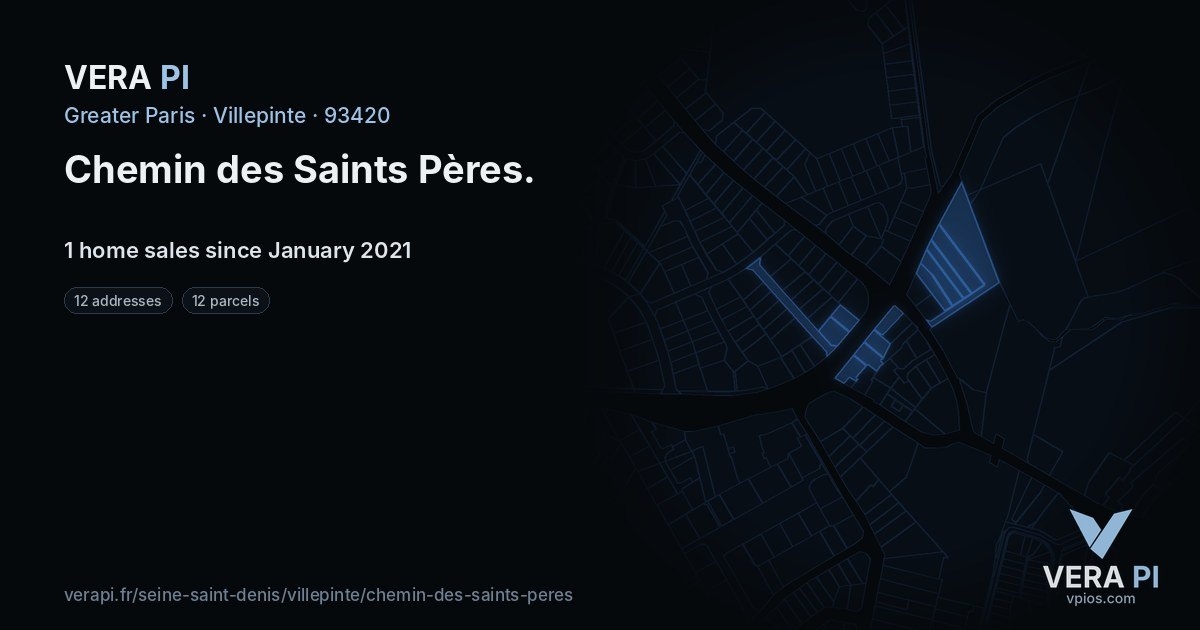 Chemin des Saints Pères, Villepinte at night – every parcel coloured by the prices around it, the street's own parcels lit